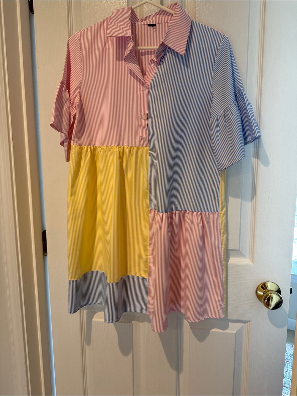 Colorblock Stripe Button-Up Dress in Pink, Blue & Yellow